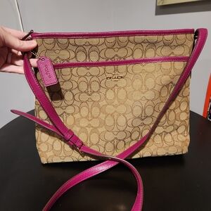 Coach Signature Canvas Tote Bag - Tan and Pink